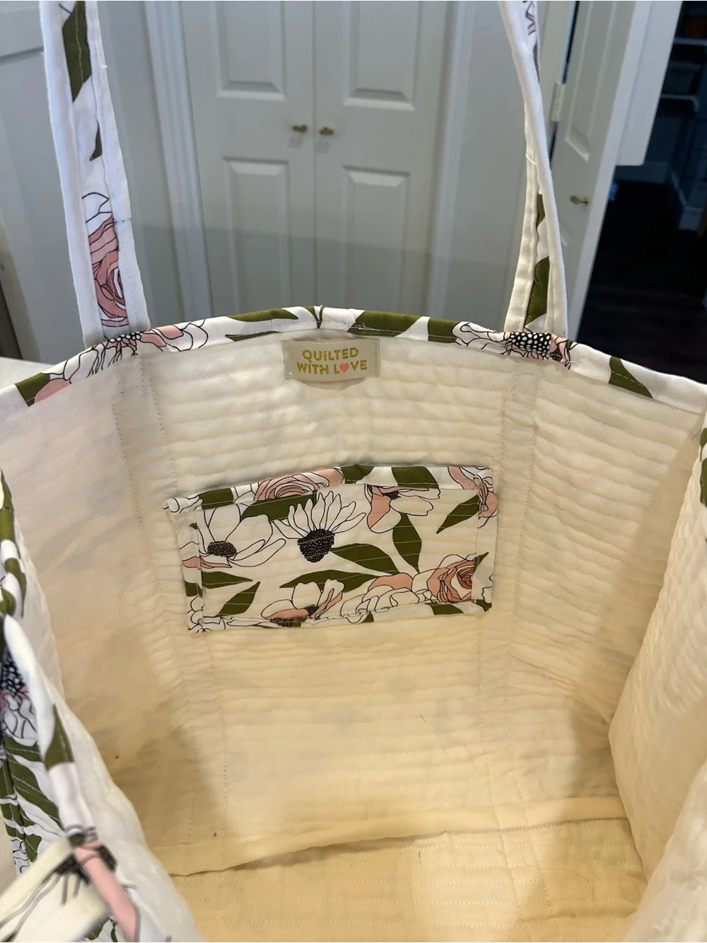 Quilted With Love Floral Quilted Tote Bag - Cream & Olive